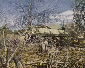 [FIGURE 32. Overhead cover is sparse here.  This tank destroyer is sited so its over-all shadow is broken up. The long shadow line below the skirt is concealed from ground observation by natural materials.]